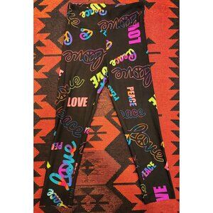 NWOT No Boundaries Womens Black Leggings With Colorful Peace & Love Print SZ  S